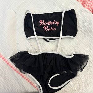Custom Birthday Babe Black Girls' Ruffle Bikini with Suspenders- Tie Back